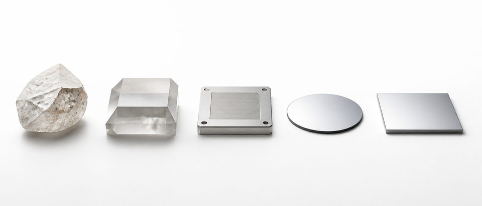 Five sculptural objects in a row on white, progressing from a rough raw crystal to a finished mirror-smooth tile.