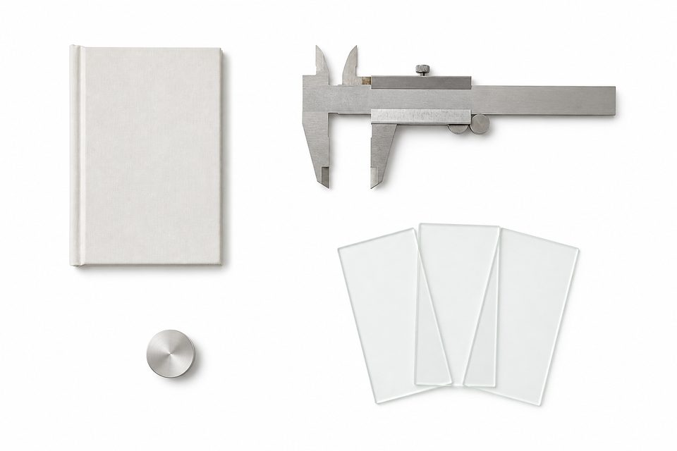 An overhead flat-lay on white of a closed hardbound notebook, a steel caliper opened to a small gap, three fanned frosted-glass slides and one small polished metal disc.