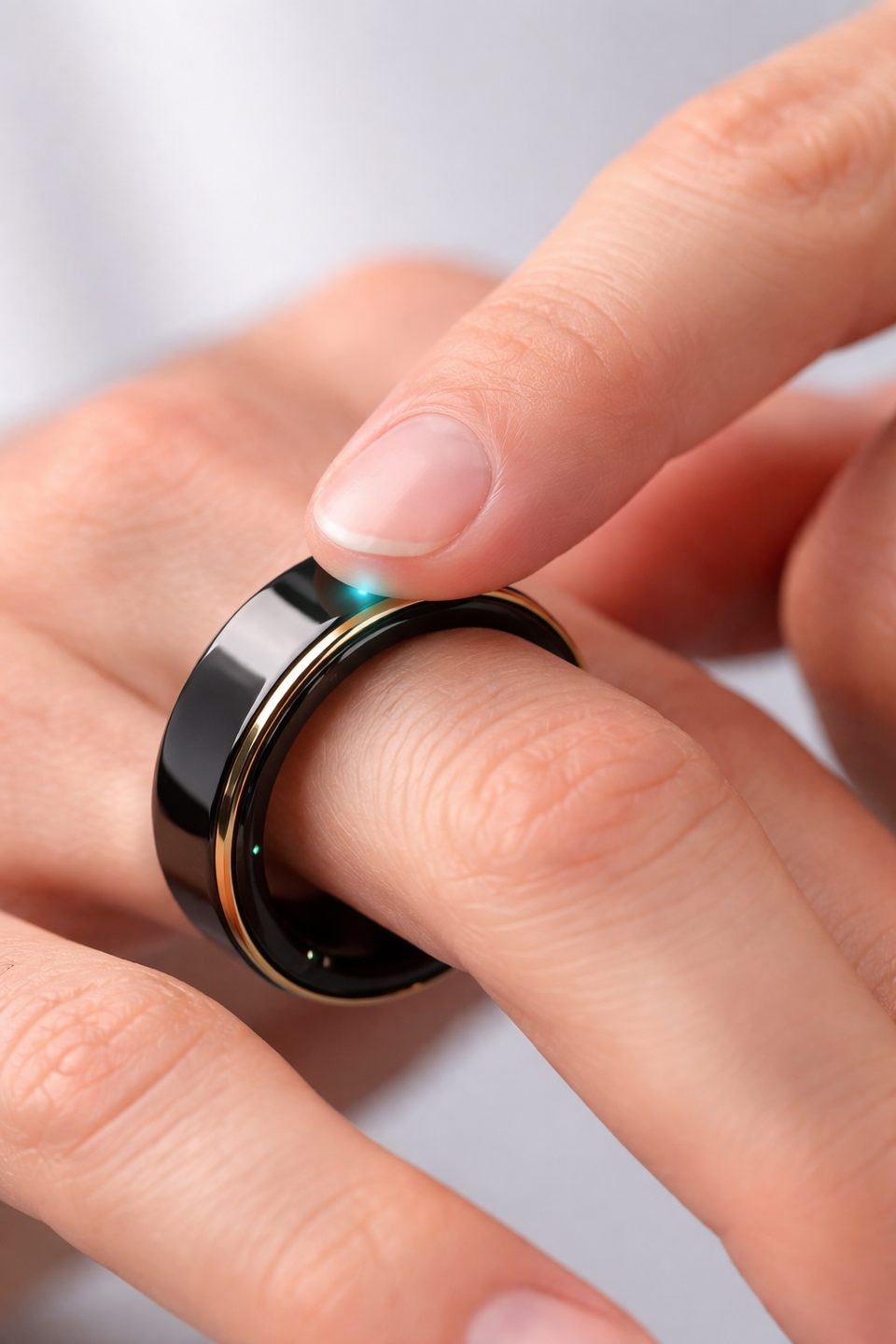 A dark metal smart ring worn on a finger, with a thin green indicator lit along its outer face and a fingertip resting on it.