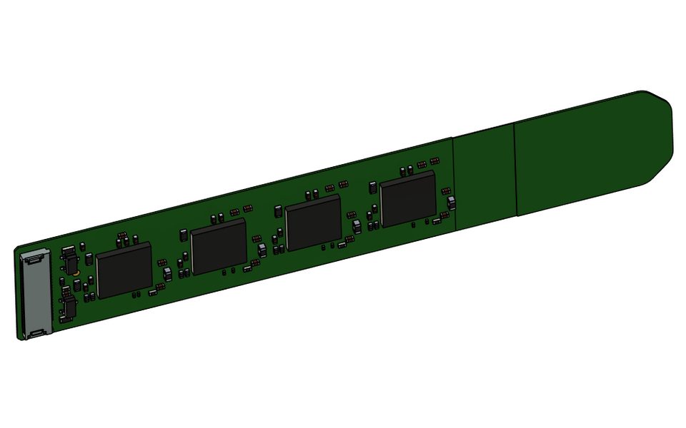 A rendering of a long narrow sensing board carrying four sensor front ends in a row with a board-to-board connector at one end.