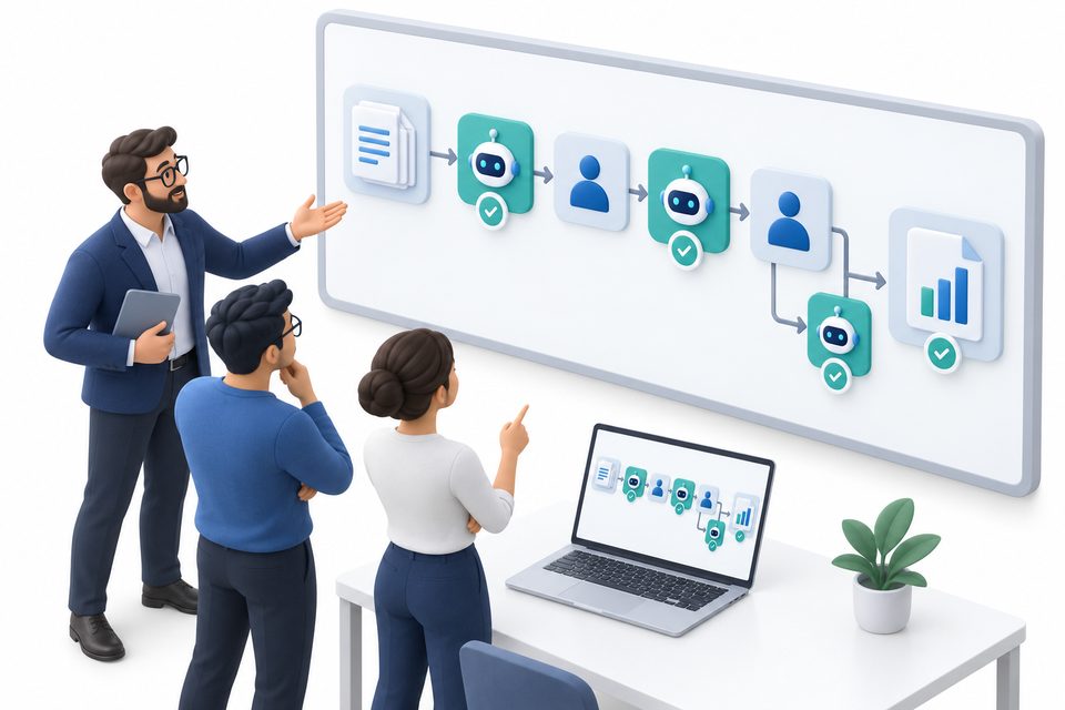 Illustration: a consultant and two engineers at a wall screen showing a workflow map, some steps marked with a robot icon, some with a person icon, and check badges where evidence is measured.