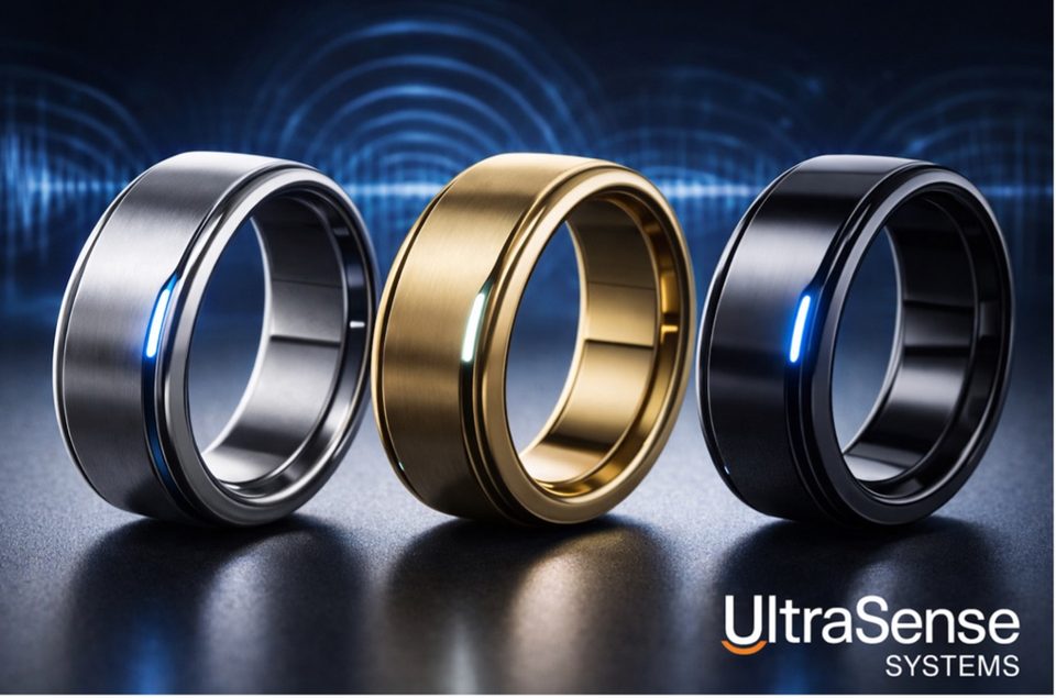 Three metal smart rings -- silver, gold and dark grey -- standing in a row against a dark blue field.