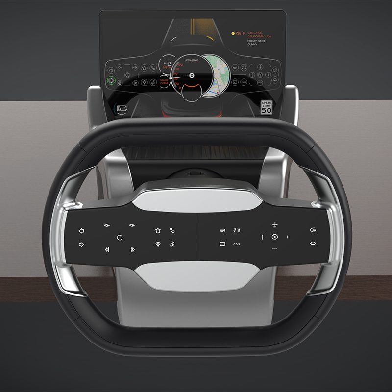 A studio shot of a steering wheel with flat black touch panels set into both spokes, their icons lit.