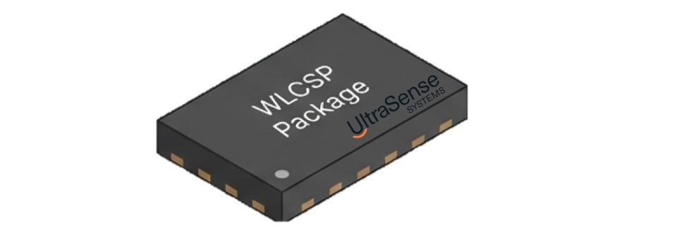 A rendering of a small dark chip-scale package seen from above at an angle, solder pads along two edges, with "WLCSP Package" and the UltraSense name marked on its lid.