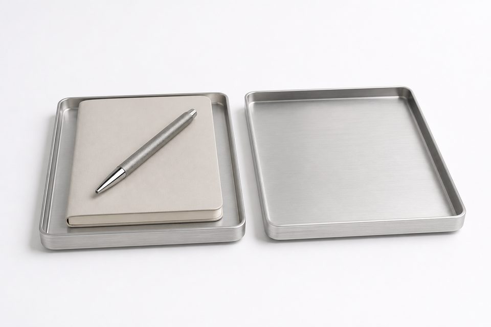 Two brushed-aluminium trays on white, one holding a closed notebook with a machined steel pen laid diagonally across it, the other empty.